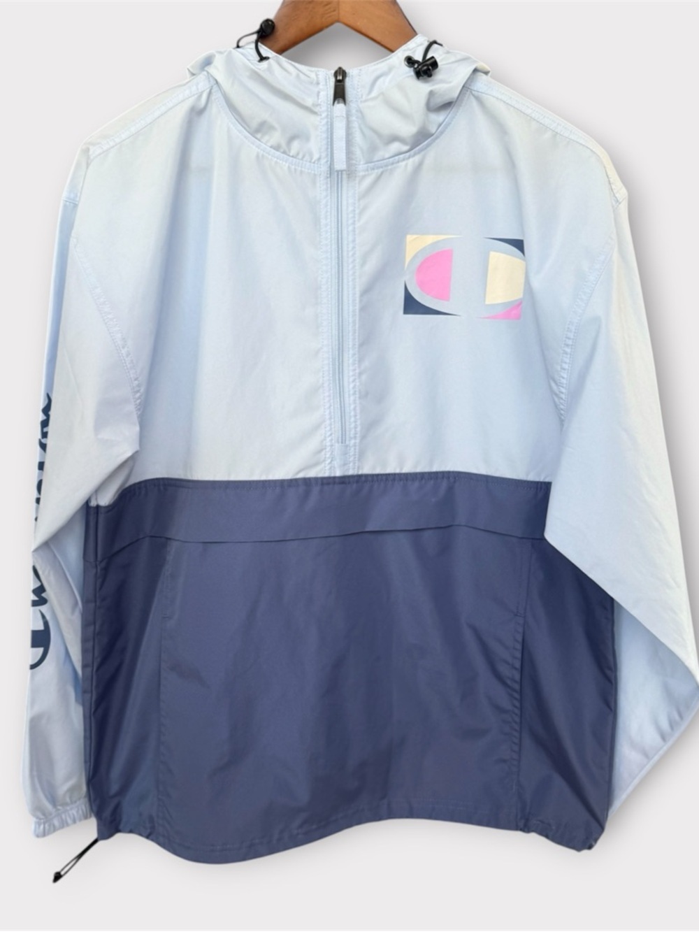 Champion Packable Windbreaker Anorak Jacket Colorblock Collage Blue Size Small